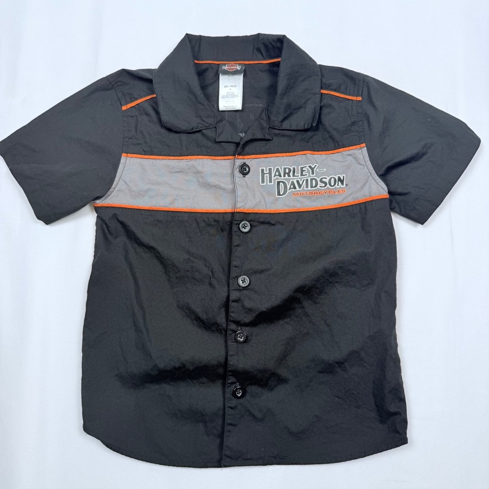 Harley Davidson Motorcycles Button Up Shirt Boys Size 4 Black Orange Retro